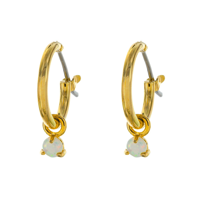 18K Gold Plated Opal Huggie Hoop Earrings - Small Solitaire Opal CZ Charm Huggies - Dangle Drop Hoops - Lobe Hug - Created Opal Earrings