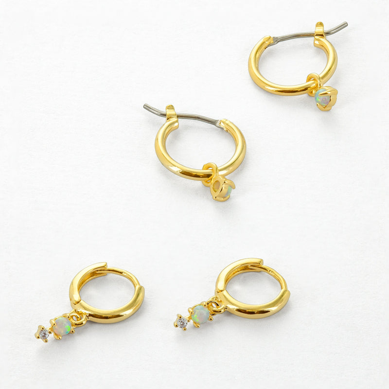 18K Gold Plated Opal Huggie Hoop Earrings - Small Solitaire Opal CZ Charm Huggies - Dangle Drop Hoops - Lobe Hug - Created Opal Earrings