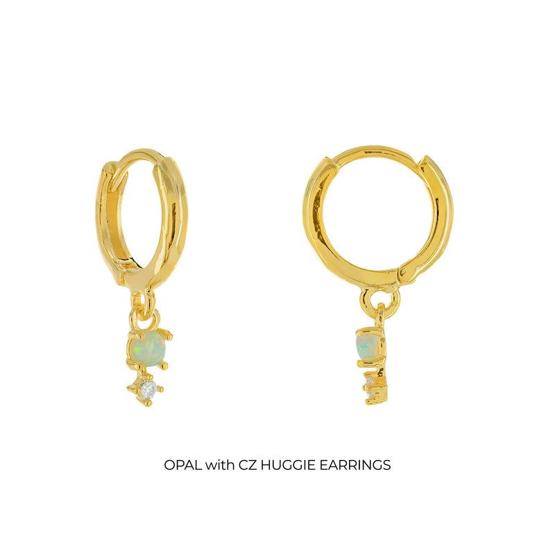 18K Gold Plated Opal Huggie Hoop Earrings - Small Solitaire Opal CZ Charm Huggies - Dangle Drop Hoops - Lobe Hug - Created Opal Earrings