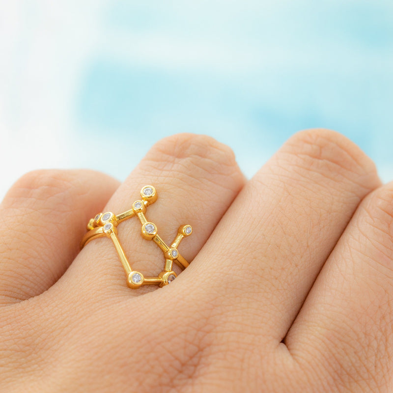 Adjustable Zodiac Ring - 18K Gold Plated Constellation Statement Ring - Astrology Horoscope Birthday CZ Jewelry - Everyday Star Open Ring