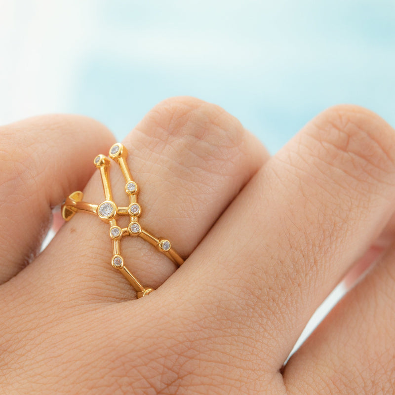 Adjustable Zodiac Ring - 18K Gold Plated Constellation Statement Ring - Astrology Horoscope Birthday CZ Jewelry - Everyday Star Open Ring