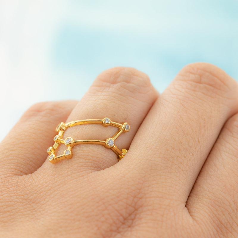 Adjustable Zodiac Ring - 18K Gold Plated Constellation Statement Ring - Astrology Horoscope Birthday CZ Jewelry - Everyday Star Open Ring