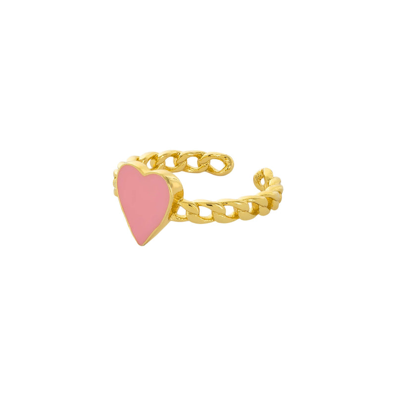 18K Gold Plated Adjustable Curb Chain Ring with Enamel Heart