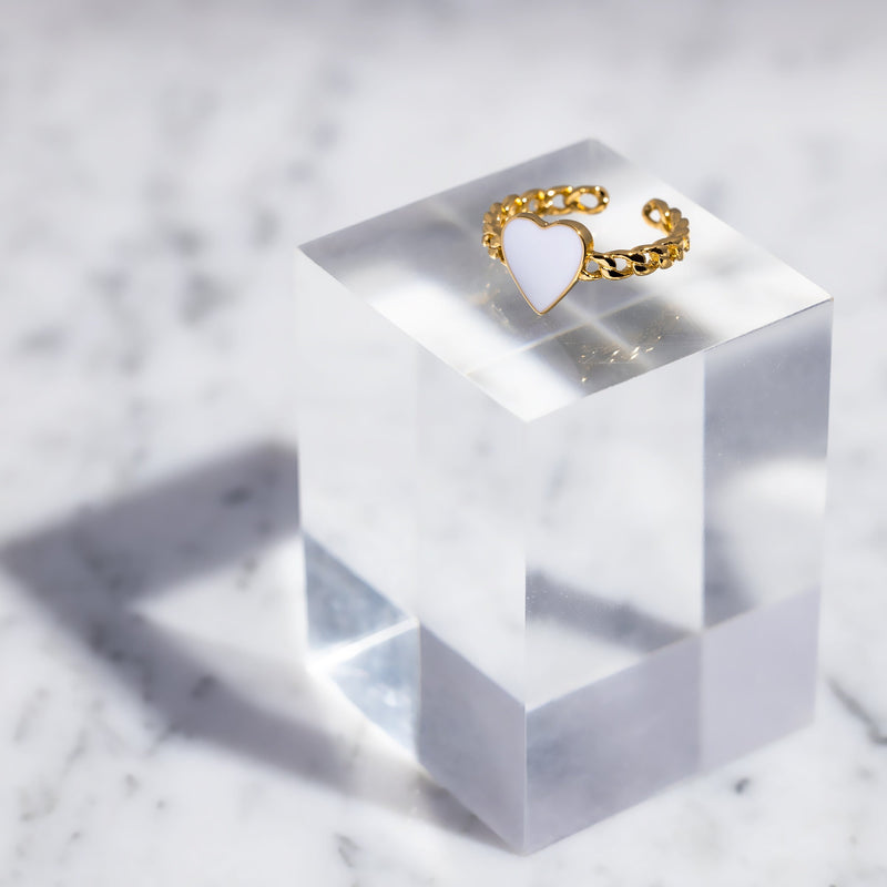 18K Gold Plated Adjustable Curb Chain Ring with Enamel Heart