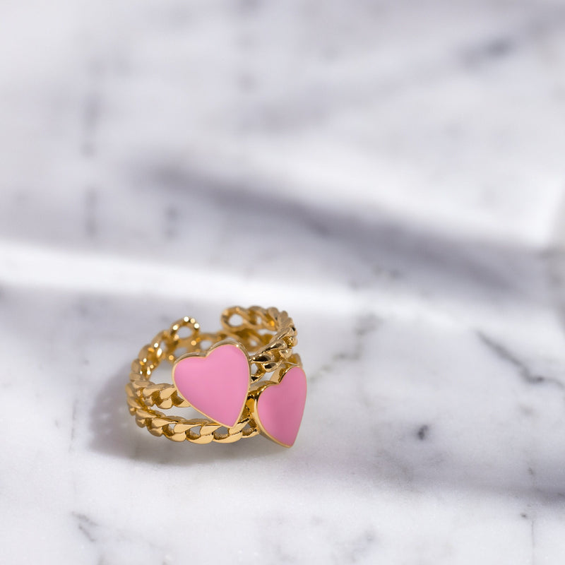 18K Gold Plated Adjustable Curb Chain Ring with Enamel Heart