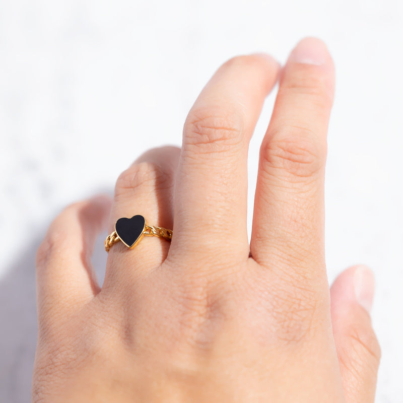 18K Gold Plated Adjustable Curb Chain Ring with Enamel Heart