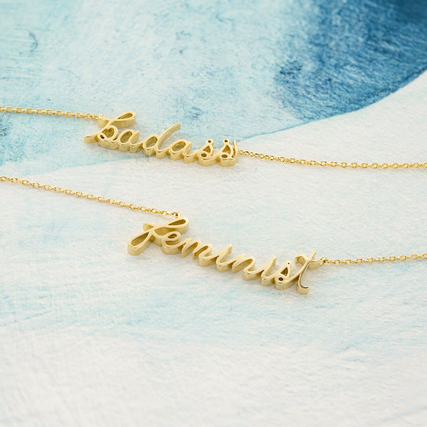 18K Gold Plated Motivational Word Necklace - Badass Boss Feminist Fierce Slay Script Letter Chain Necklace - Inspirational Pendant Necklace